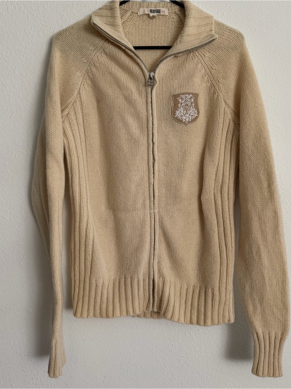 Heritage Cream Full-Zip Knit Cardigan with Crest Patch